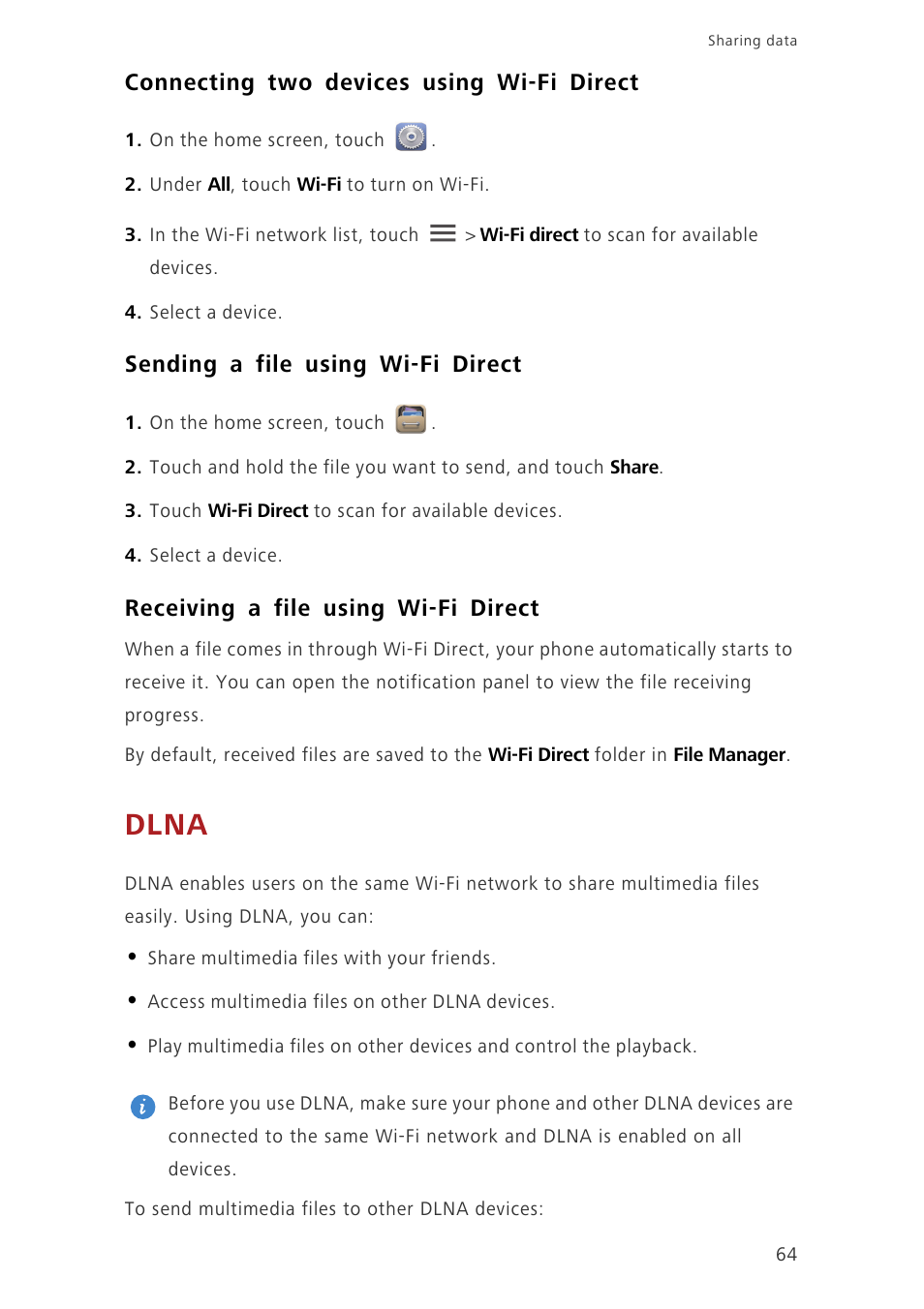 Connecting two devices using wi-fi direct, Sending a file using wi-fi direct, Receiving a file using wi-fi direct | Dlna | Huawei Ascend G730-U27 User Manual | Page 69 / 101
