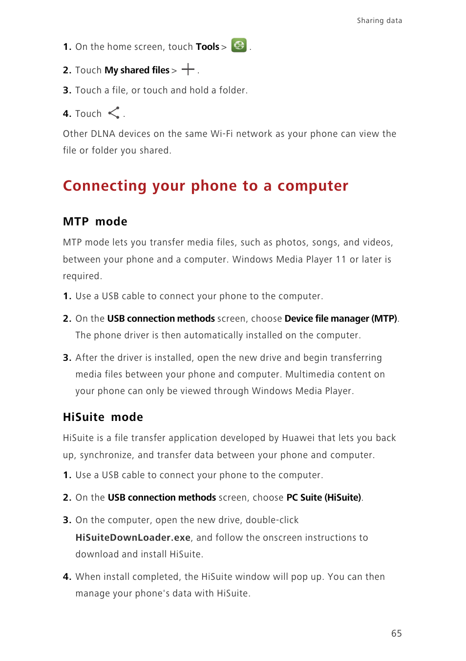 Connecting your phone to a computer, Mtp mode, Hisuite mode | Huawei Ascend G730-U27 User Manual | Page 70 / 101