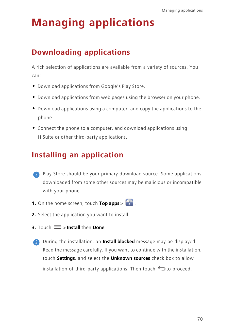 Managing applications, Downloading applications, Installing an application | Huawei Ascend G730-U27 User Manual | Page 75 / 101