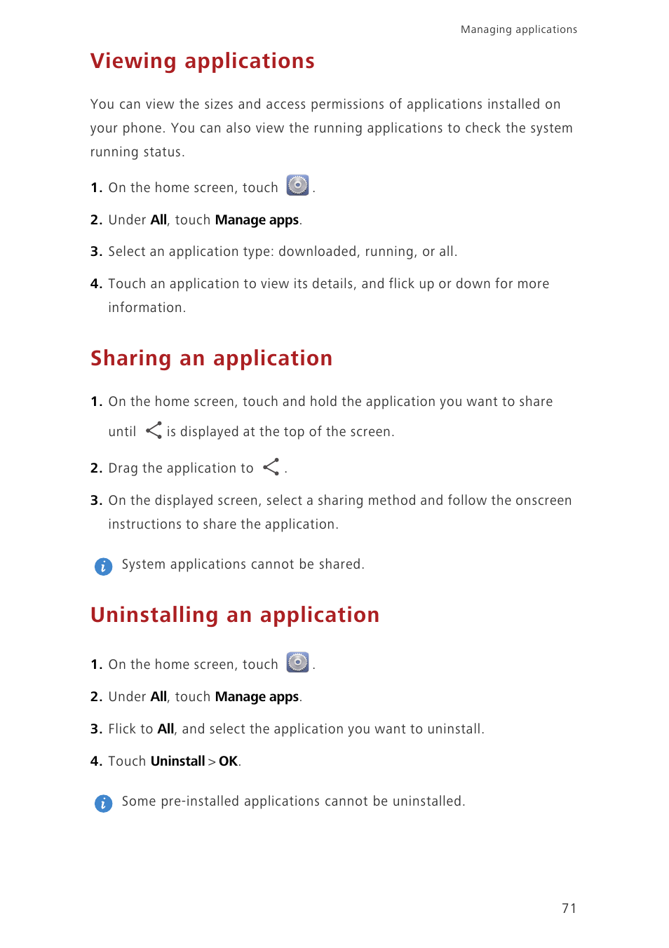 Viewing applications, Sharing an application, Uninstalling an application | Huawei Ascend G730-U27 User Manual | Page 76 / 101
