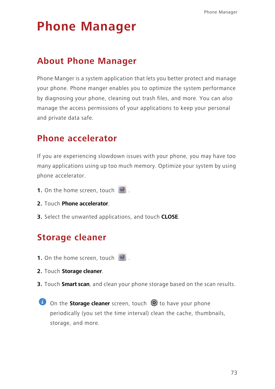 Phone manager, About phone manager, Phone accelerator | Storage cleaner | Huawei Ascend G730-U27 User Manual | Page 78 / 101