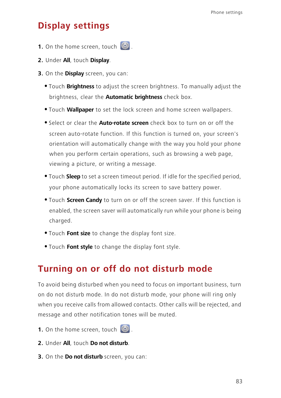 Display settings, Turning on or off do not disturb mode | Huawei Ascend G730-U27 User Manual | Page 88 / 101