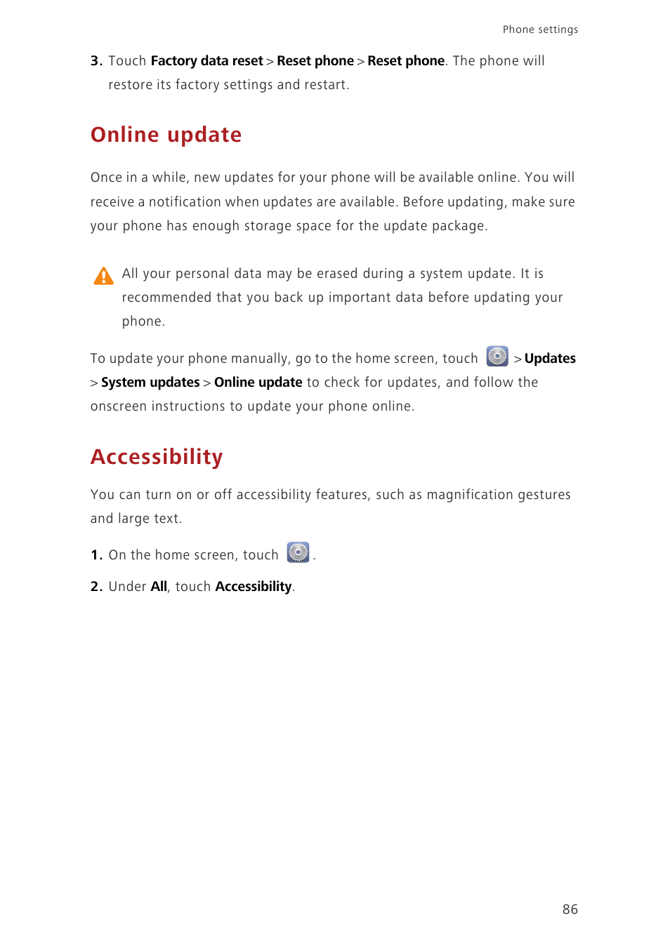 Online update, Accessibility | Huawei Ascend G730-U27 User Manual | Page 91 / 101
