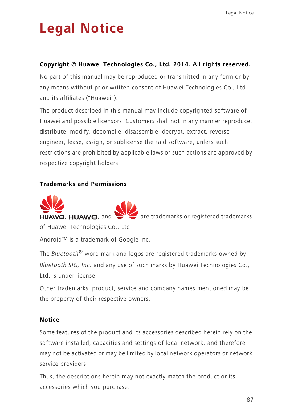 Legal notice, Trademarks and permissions, Notice | Huawei Ascend G730-U27 User Manual | Page 92 / 101