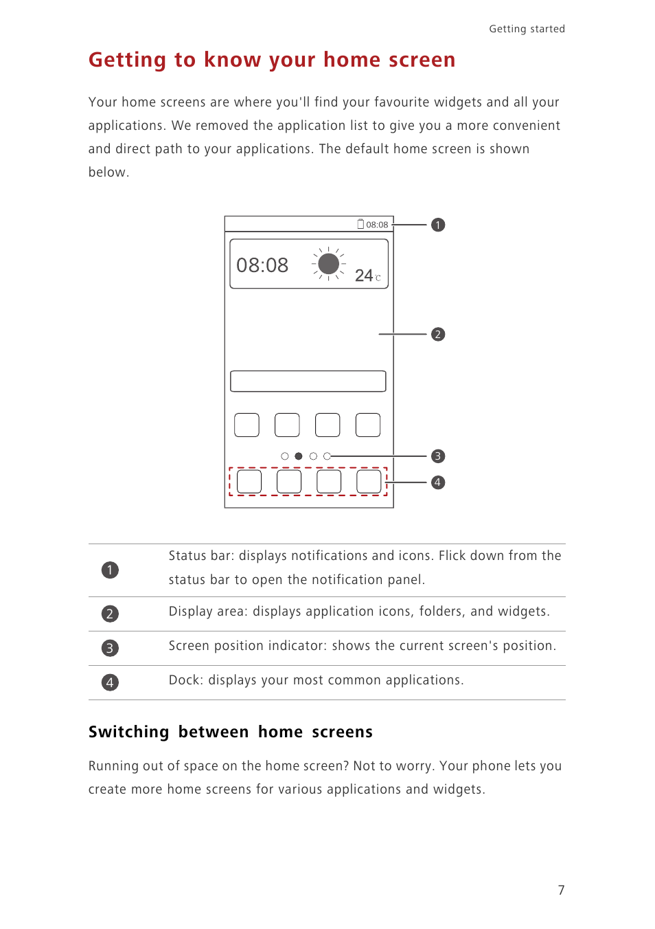 Getting to know your home screen, Switching between home screens | Huawei Ascend G750-U10 User Manual | Page 11 / 72