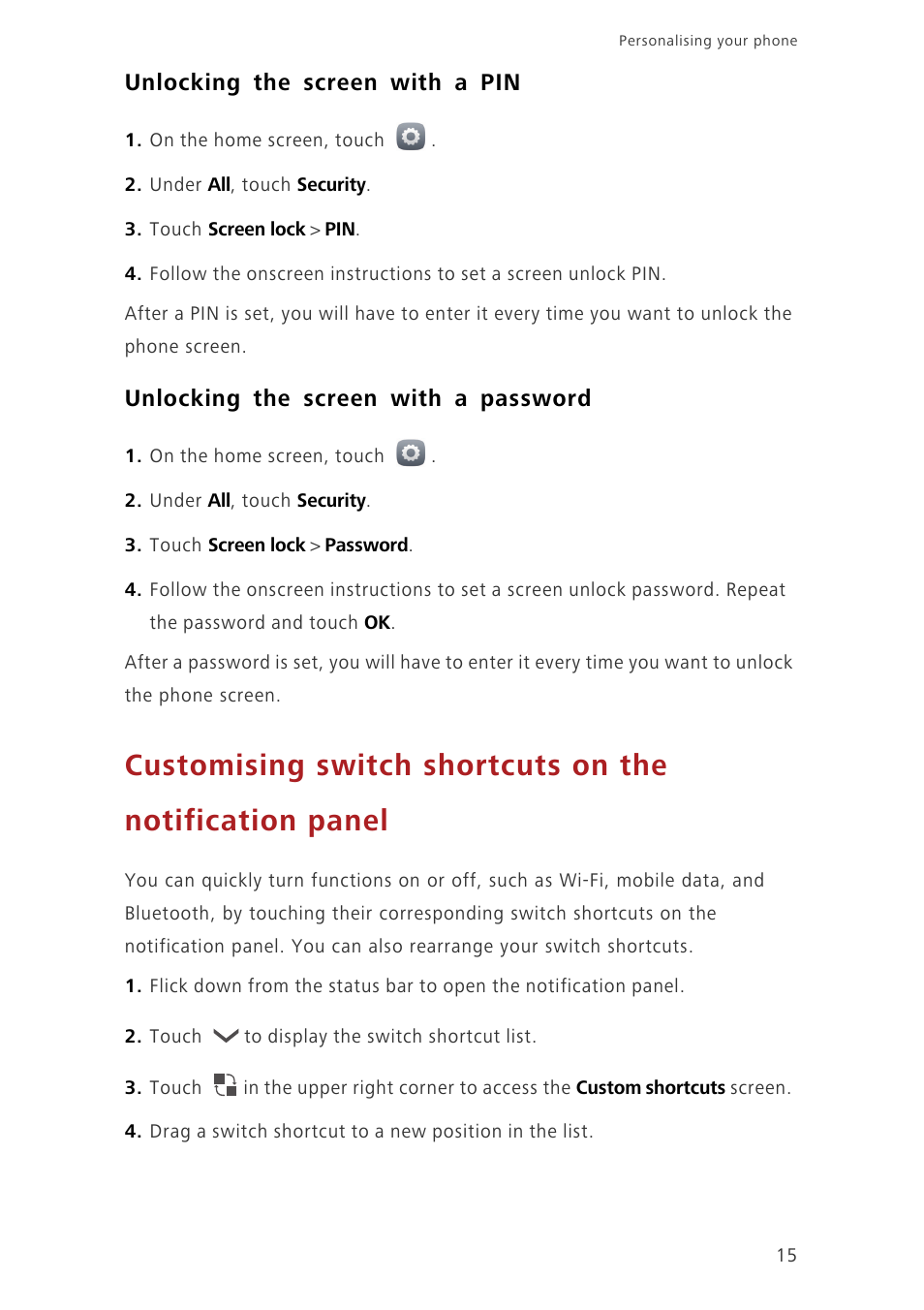 Unlocking the screen with a pin, Unlocking the screen with a password | Huawei Ascend G750-U10 User Manual | Page 19 / 72