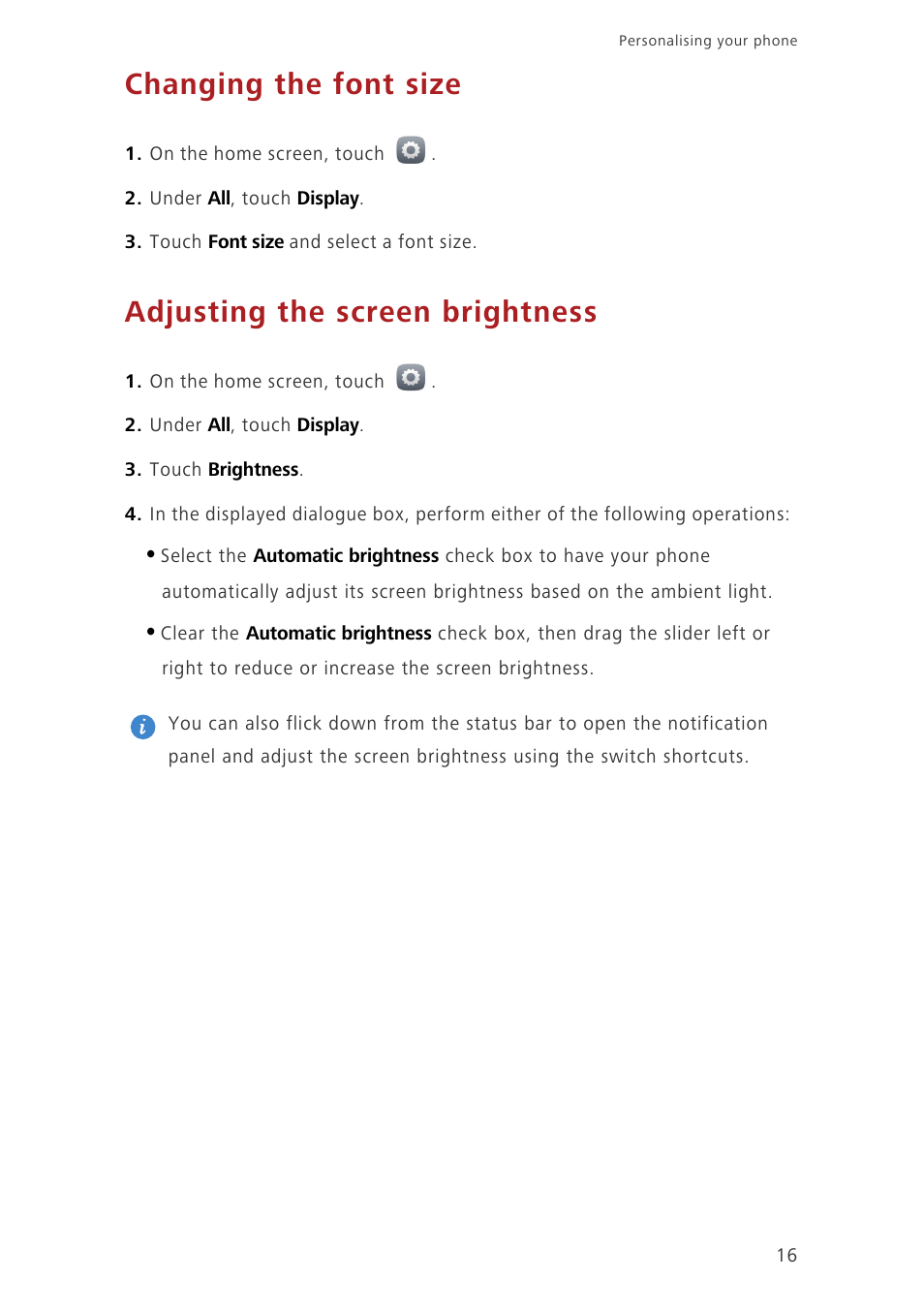 Changing the font size, Adjusting the screen brightness | Huawei Ascend G750-U10 User Manual | Page 20 / 72