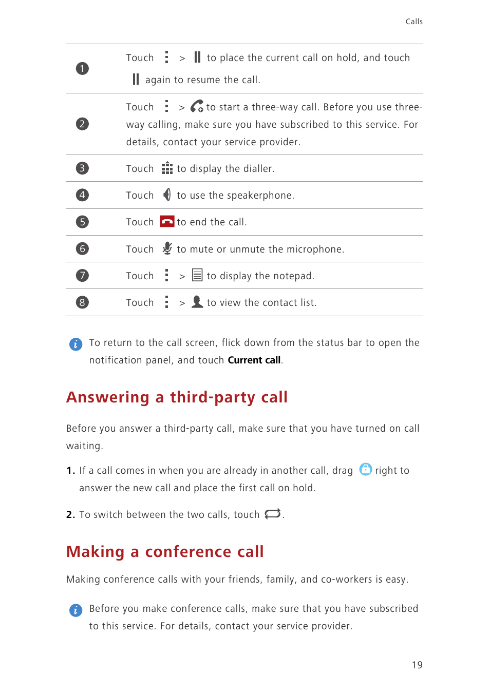 Answering a third-party call, Making a conference call | Huawei Ascend G750-U10 User Manual | Page 23 / 72