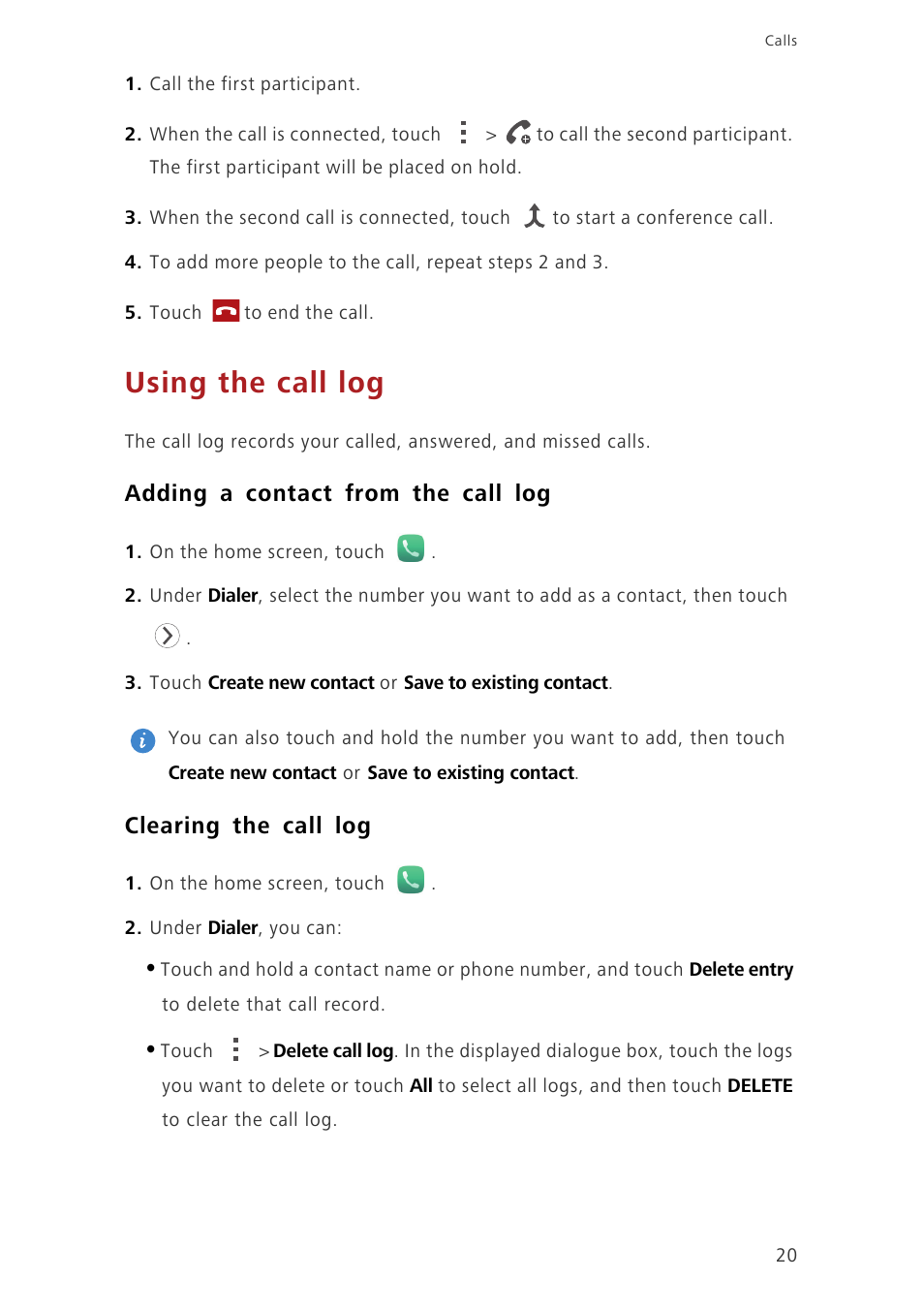 Using the call log, Adding a contact from the call log, Clearing the call log | Huawei Ascend G750-U10 User Manual | Page 24 / 72