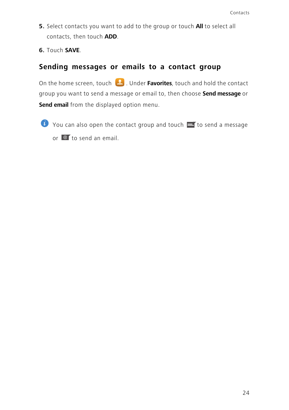 Sending messages or emails to a contact group | Huawei Ascend G750-U10 User Manual | Page 28 / 72