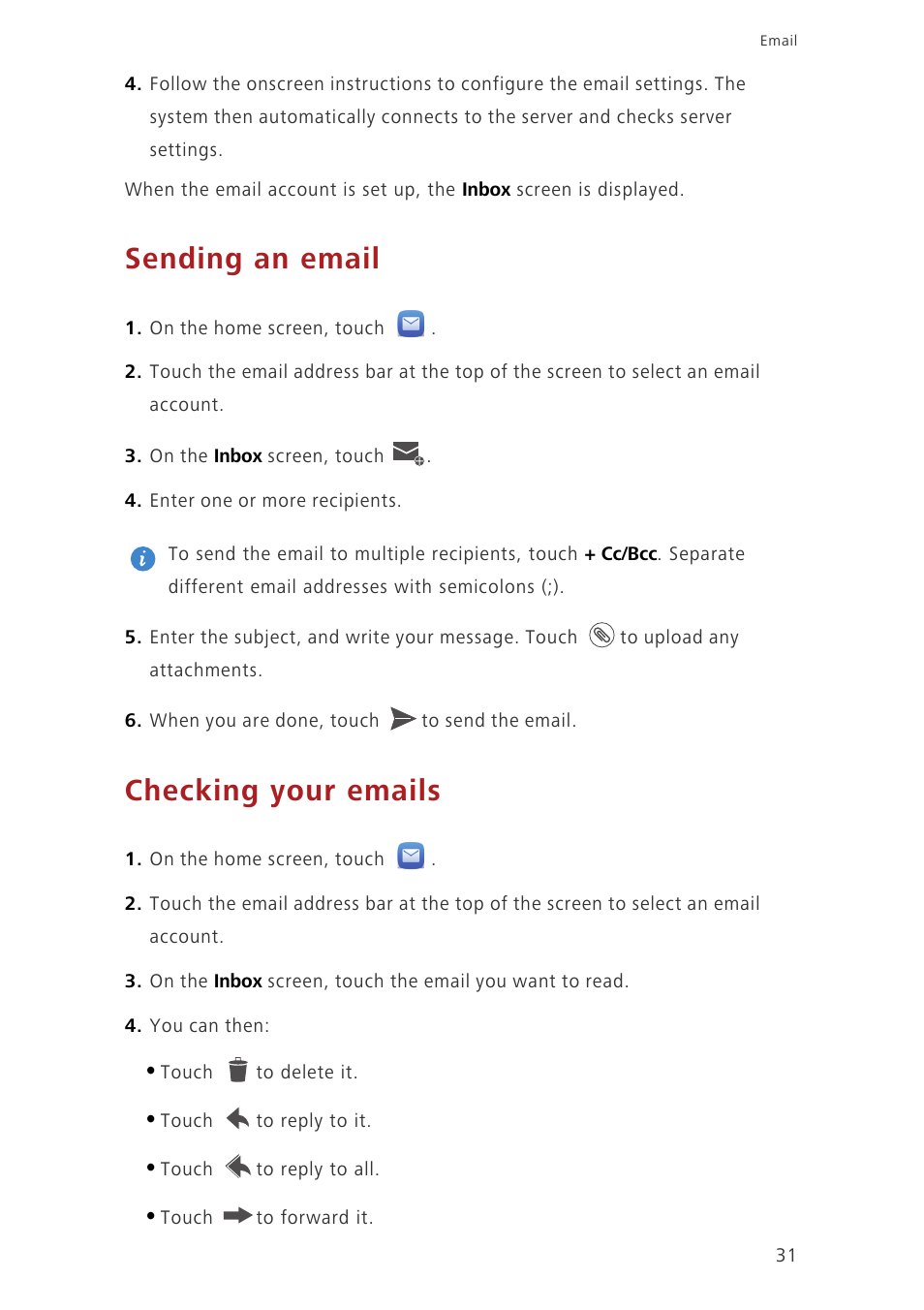 Sending an email, Checking your emails | Huawei Ascend G750-U10 User Manual | Page 35 / 72