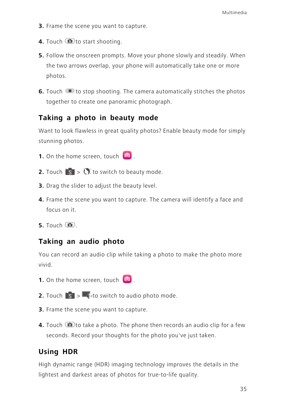 Taking a photo in beauty mode, Taking an audio photo, Using hdr | Huawei Ascend G750-U10 User Manual | Page 39 / 72
