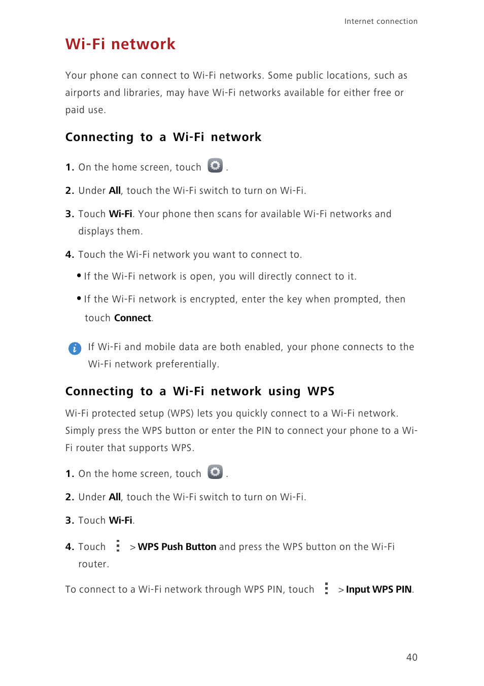 Wi-fi network, Connecting to a wi-fi network, Connecting to a wi-fi network using wps | Huawei Ascend G750-U10 User Manual | Page 44 / 72