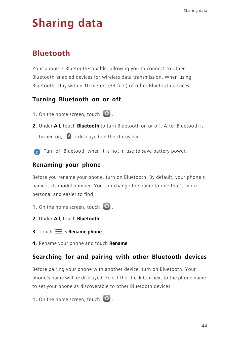 Sharing data, Bluetooth, Turning bluetooth on or off | Renaming your phone | Huawei Ascend G750-U10 User Manual | Page 48 / 72