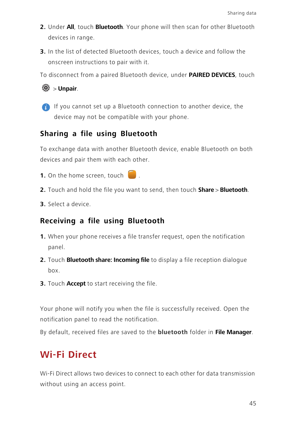 Sharing a file using bluetooth, Receiving a file using bluetooth, Wi-fi direct | Huawei Ascend G750-U10 User Manual | Page 49 / 72
