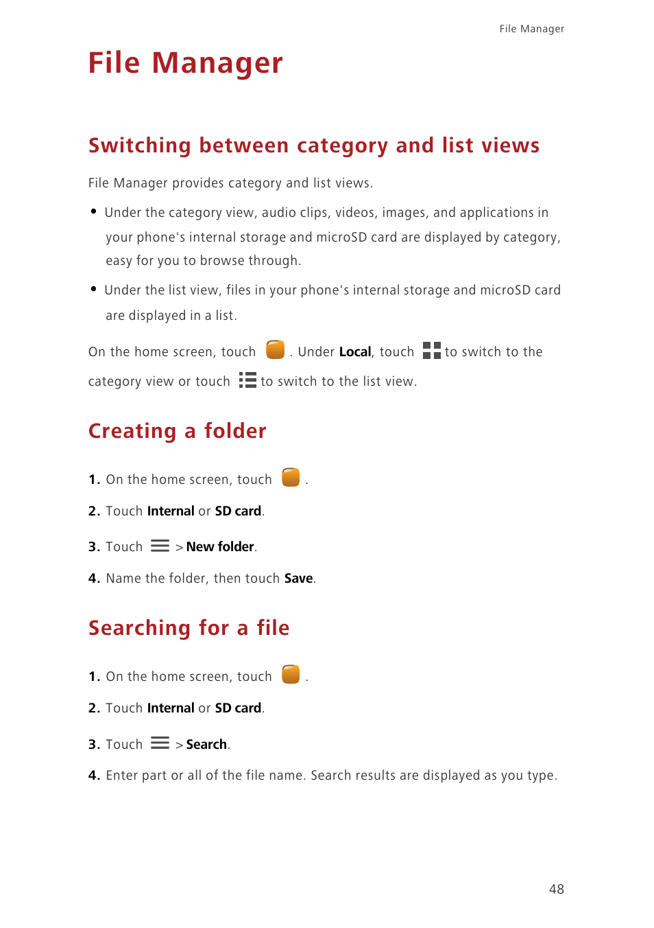 File manager, Switching between category and list views, Creating a folder | Searching for a file | Huawei Ascend G750-U10 User Manual | Page 52 / 72
