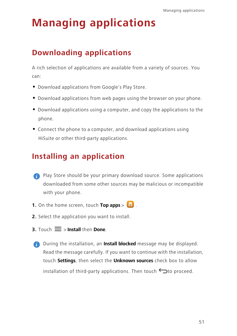 Managing applications, Downloading applications, Installing an application | Huawei Ascend G750-U10 User Manual | Page 55 / 72