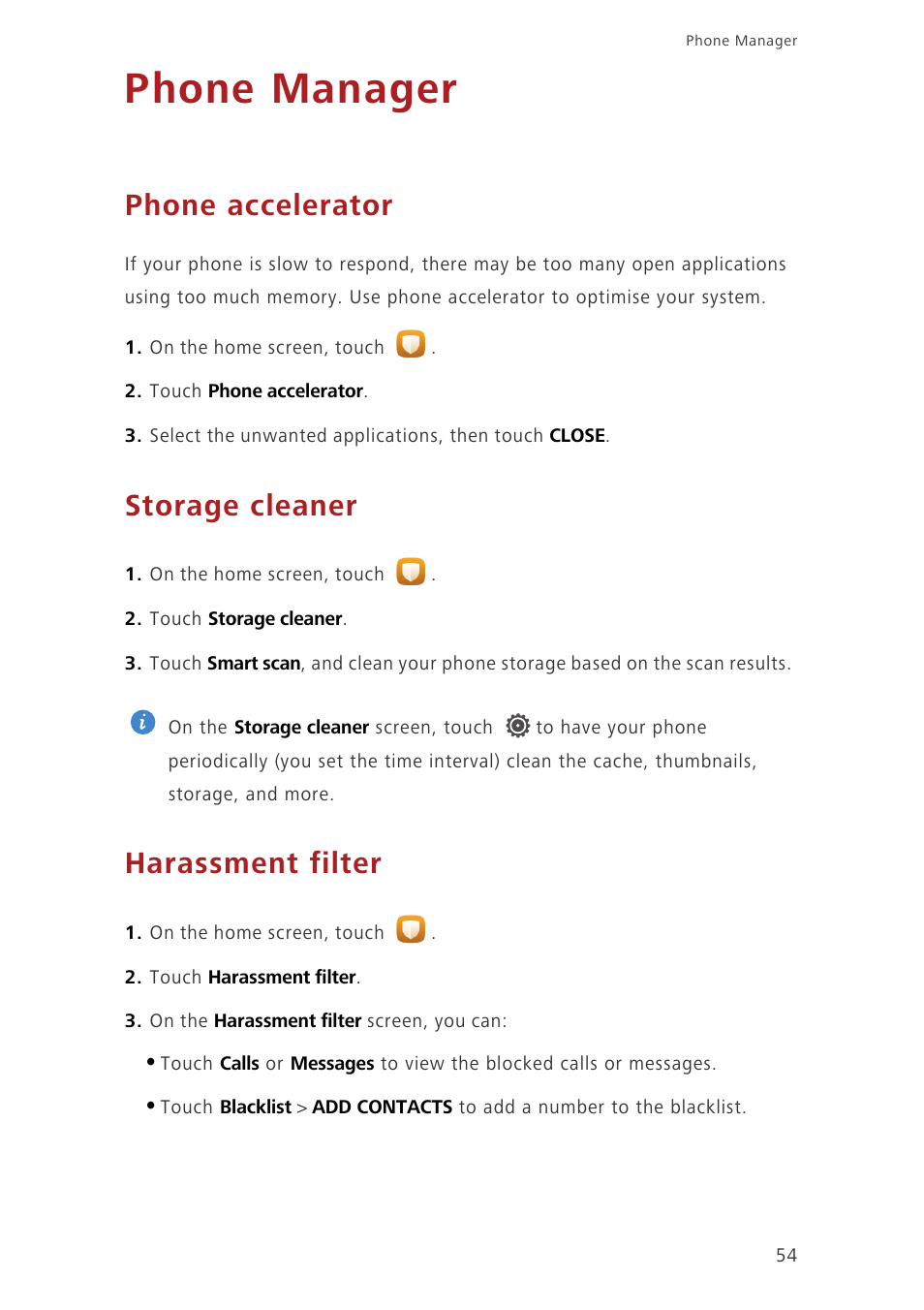 Phone manager, Phone accelerator, Storage cleaner | Harassment filter | Huawei Ascend G750-U10 User Manual | Page 58 / 72