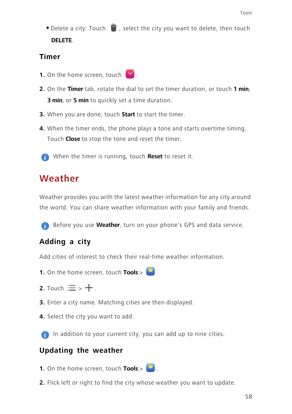 Timer, Weather, Adding a city | Updating the weather | Huawei Ascend G750-U10 User Manual | Page 62 / 72