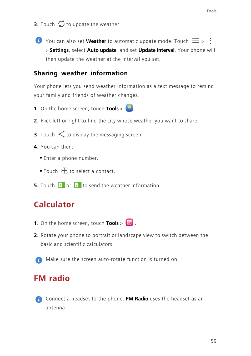 Sharing weather information, Calculator, Fm radio | Huawei Ascend G750-U10 User Manual | Page 63 / 72