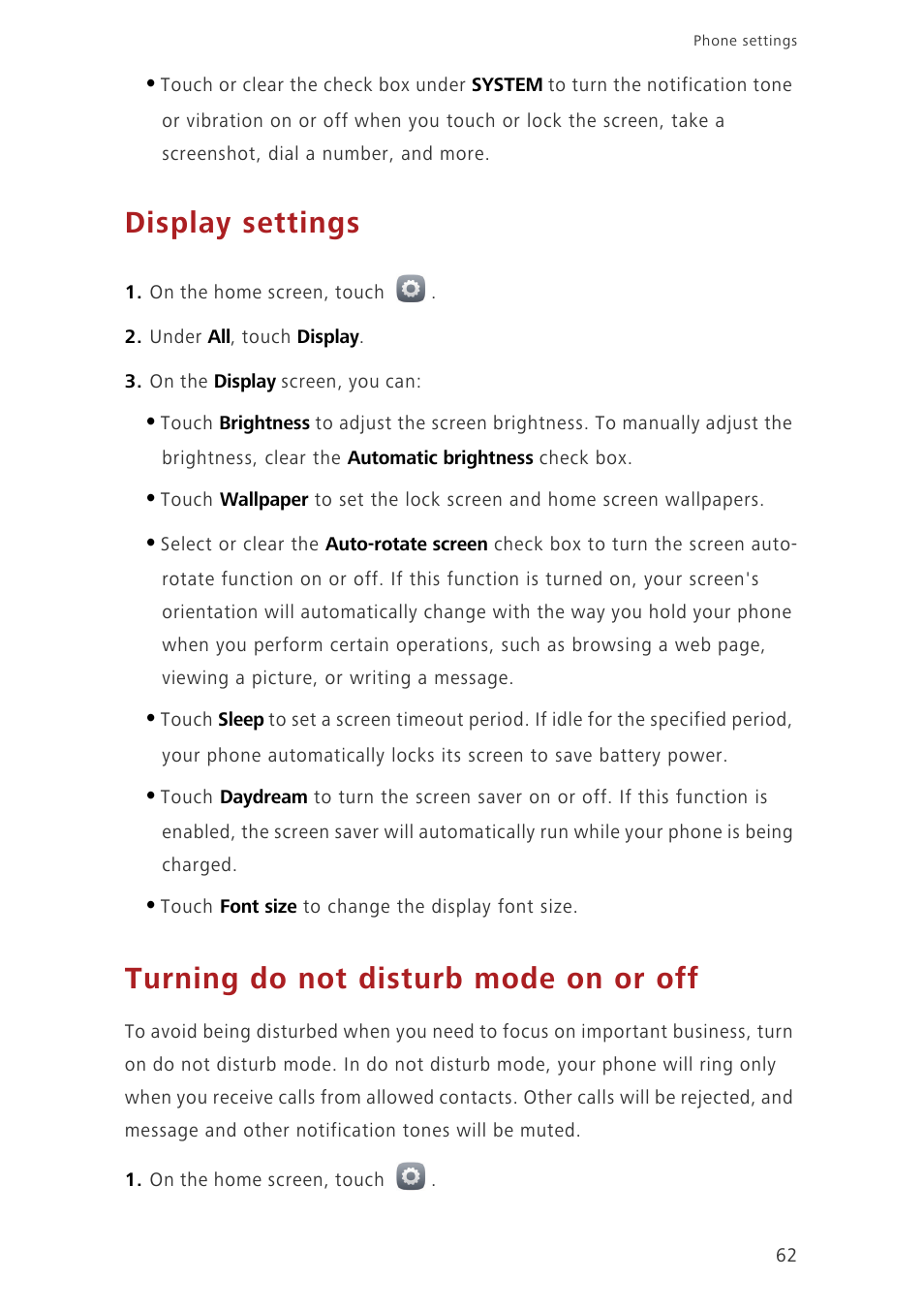Display settings, Turning do not disturb mode on or off | Huawei Ascend G750-U10 User Manual | Page 66 / 72