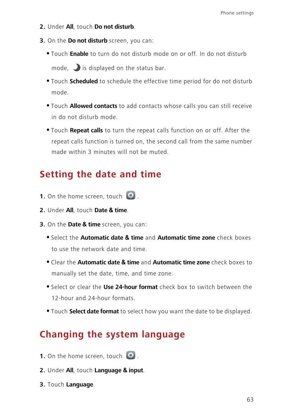 Setting the date and time, Changing the system language | Huawei Ascend G750-U10 User Manual | Page 67 / 72