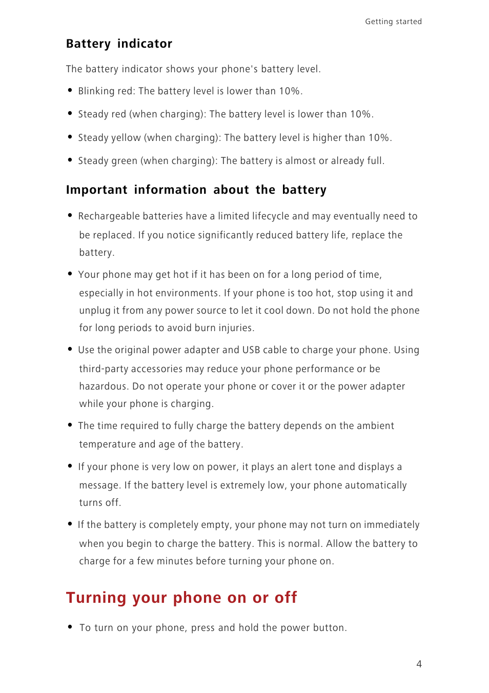 Battery indicator, Important information about the battery, Turning your phone on or off | Huawei Ascend G750-U10 User Manual | Page 8 / 72
