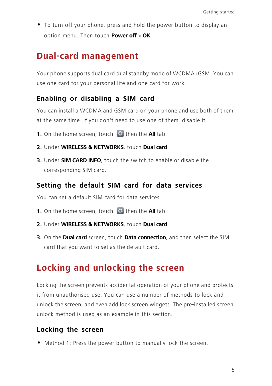 Dual-card management, Enabling or disabling a sim card, Setting the default sim card for data services | Locking and unlocking the screen, Locking the screen | Huawei Ascend G750-U10 User Manual | Page 9 / 72