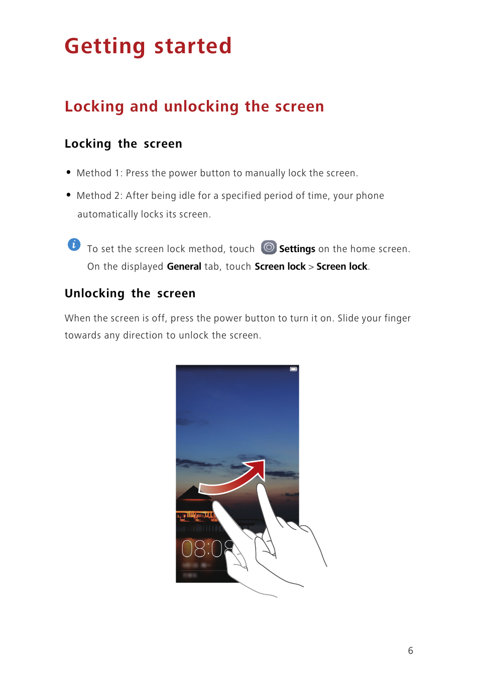 Getting started, Locking and unlocking the screen, Locking the screen | Unlocking the screen | Huawei Ascend G7-L01 User Guide User Manual | Page 10 / 84