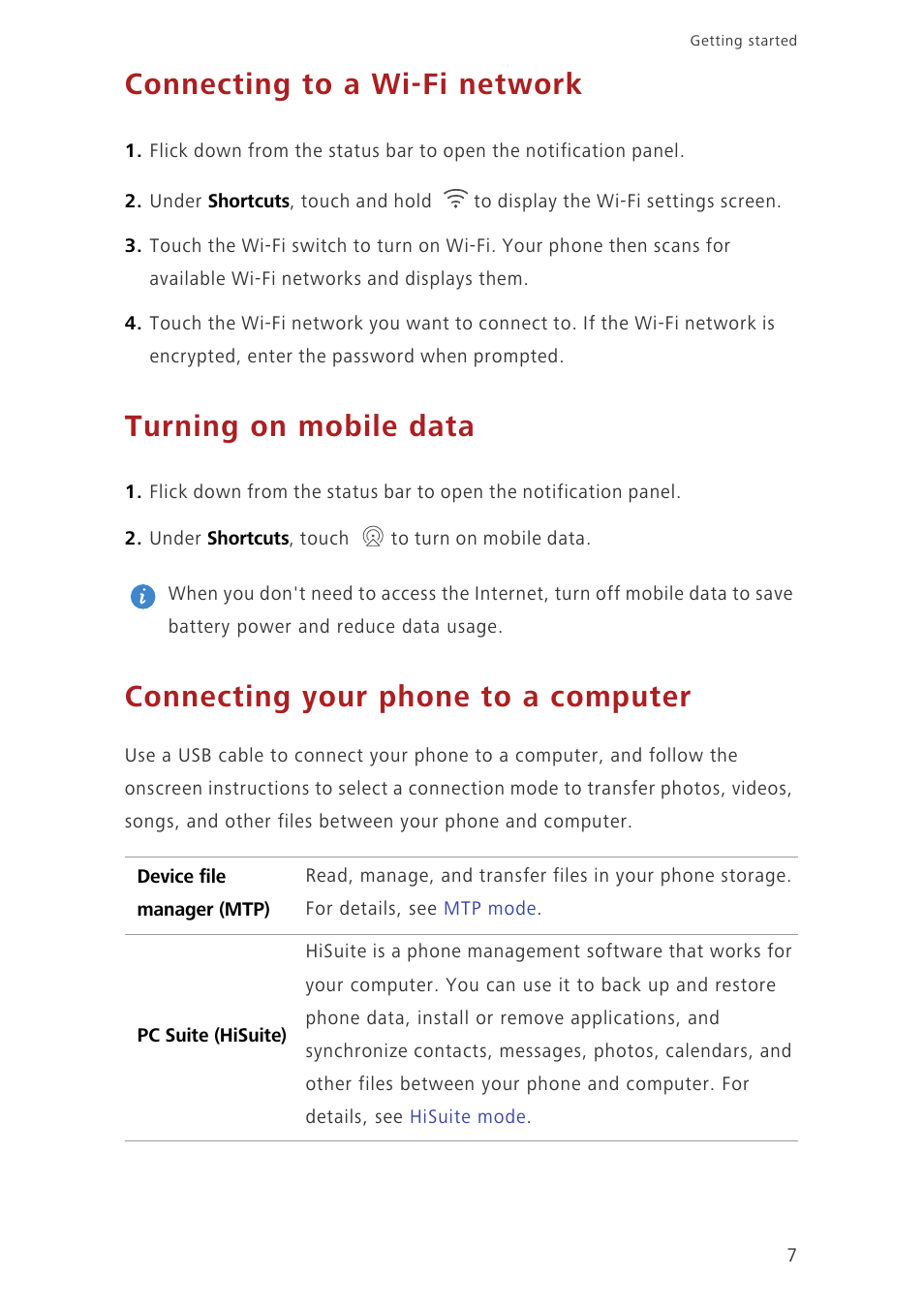 Connecting to a wi-fi network, Turning on mobile data, Connecting your phone to a computer | Huawei Ascend G7-L01 User Guide User Manual | Page 11 / 84