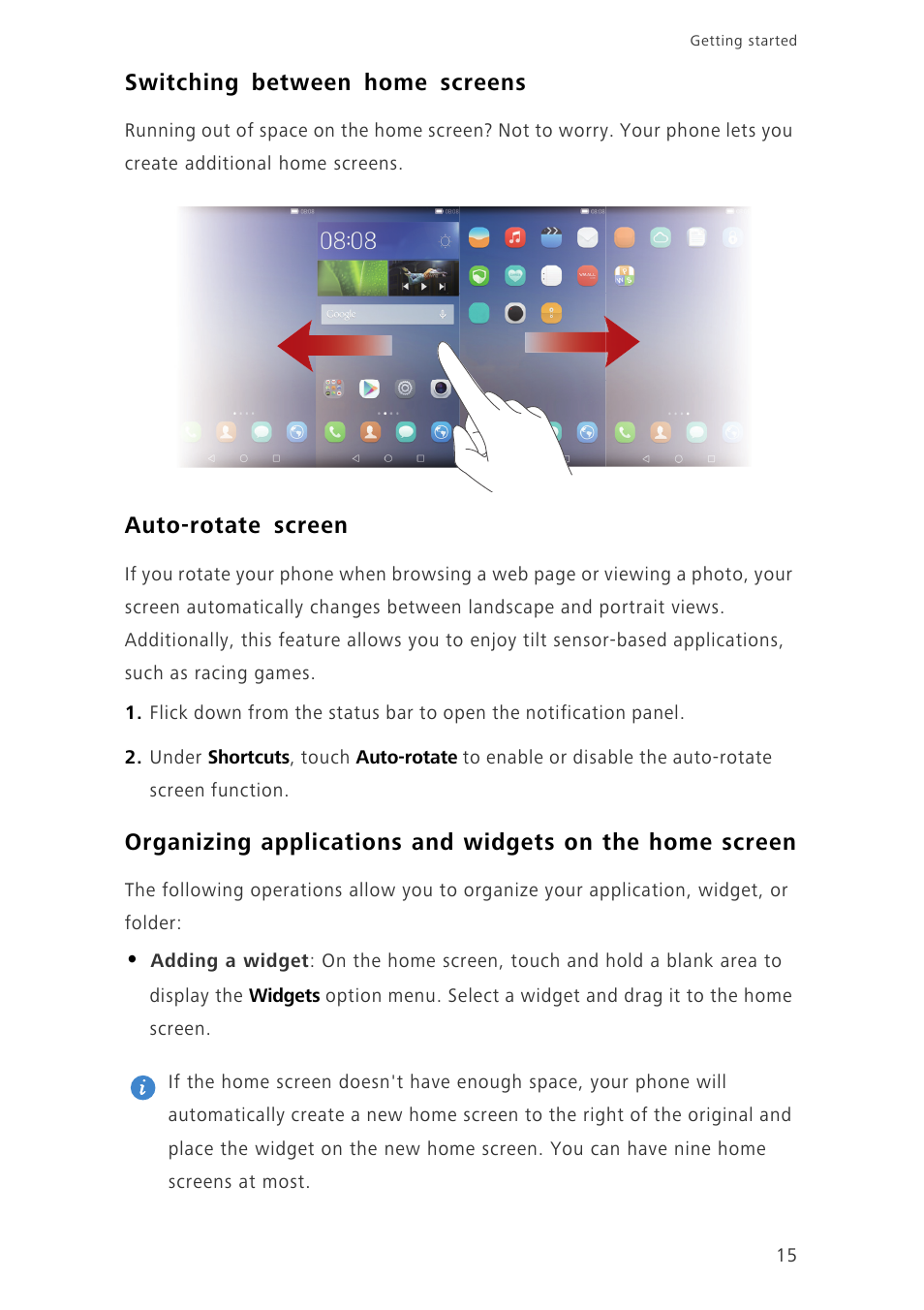 Switching between home screens, Auto-rotate screen | Huawei Ascend G7-L01 User Guide User Manual | Page 19 / 84