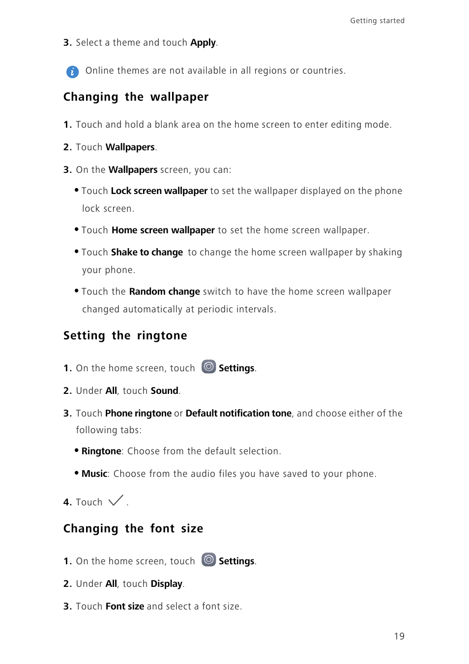 Changing the wallpaper, Setting the ringtone, Changing the font size | Huawei Ascend G7-L01 User Guide User Manual | Page 23 / 84