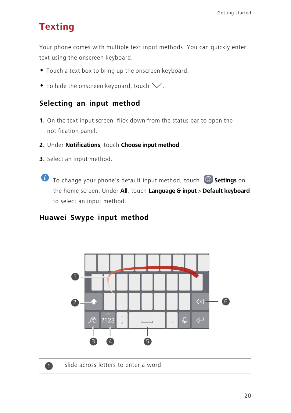 Texting, Selecting an input method, Huawei swype input method | Huawei Ascend G7-L01 User Guide User Manual | Page 24 / 84