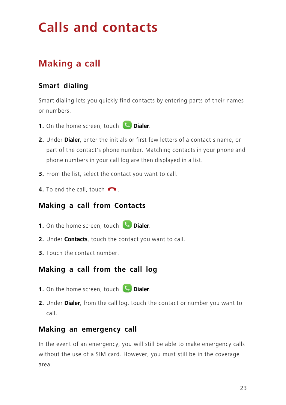 Calls and contacts, Making a call, Smart dialing | Making a call from contacts, Making a call from the call log, Making an emergency call | Huawei Ascend G7-L01 User Guide User Manual | Page 27 / 84