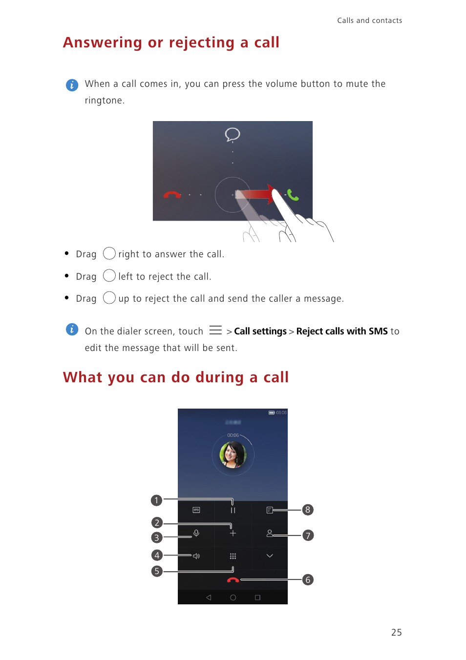 Answering or rejecting a call, What you can do during a call | Huawei Ascend G7-L01 User Guide User Manual | Page 29 / 84