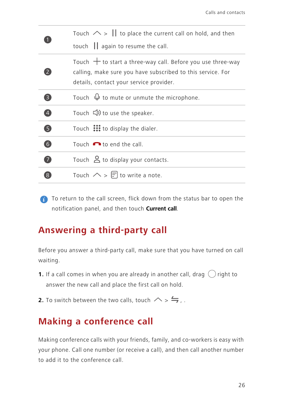 Answering a third-party call, Making a conference call | Huawei Ascend G7-L01 User Guide User Manual | Page 30 / 84