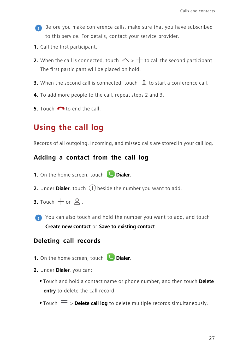 Using the call log, Adding a contact from the call log, Deleting call records | Huawei Ascend G7-L01 User Guide User Manual | Page 31 / 84