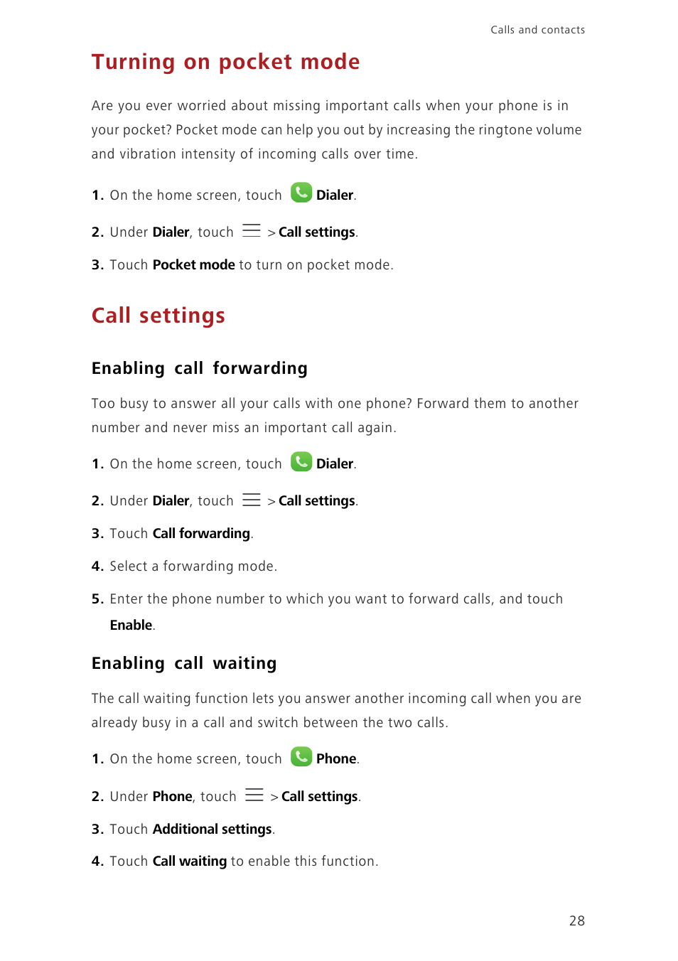 Turning on pocket mode, Call settings, Enabling call forwarding | Enabling call waiting | Huawei Ascend G7-L01 User Guide User Manual | Page 32 / 84