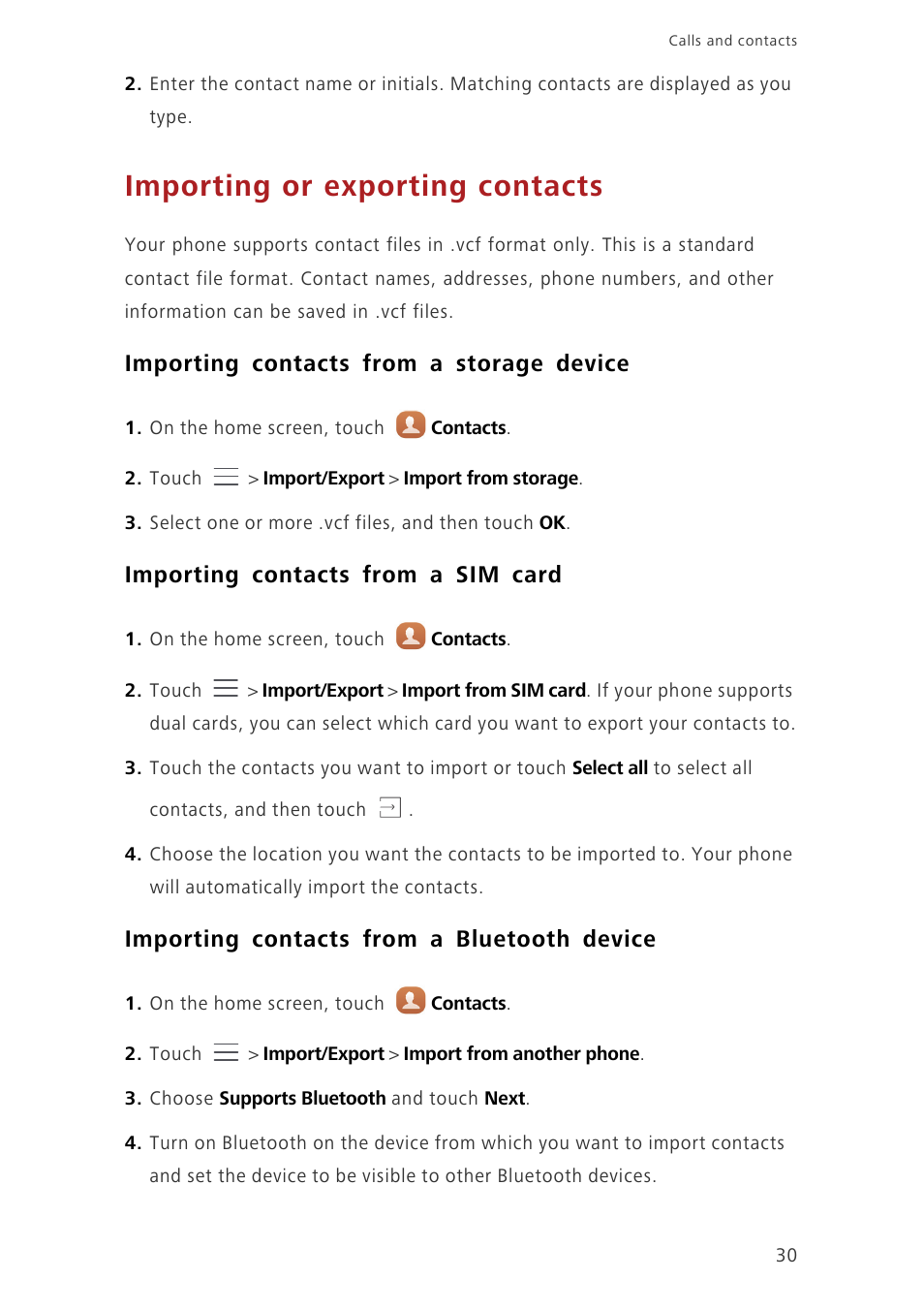 Importing or exporting contacts, Importing contacts from a storage device, Importing contacts from a sim card | Importing contacts from a bluetooth device, Importing contacts from a sim, Card, Importing contacts from a, Storage device | Huawei Ascend G7-L01 User Guide User Manual | Page 34 / 84