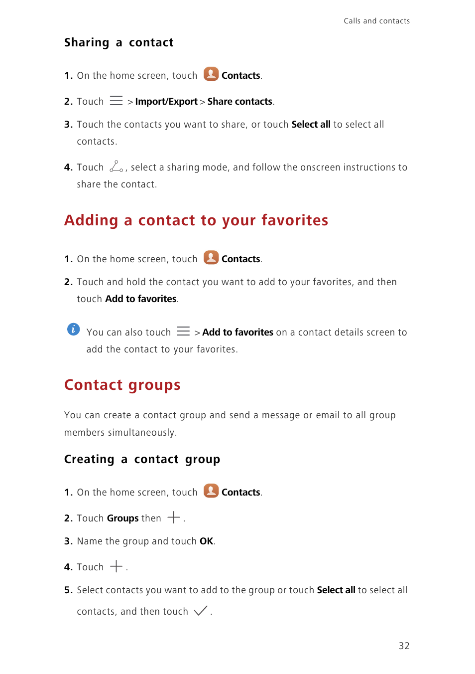 Sharing a contact, Adding a contact to your favorites, Contact groups | Creating a contact group | Huawei Ascend G7-L01 User Guide User Manual | Page 36 / 84