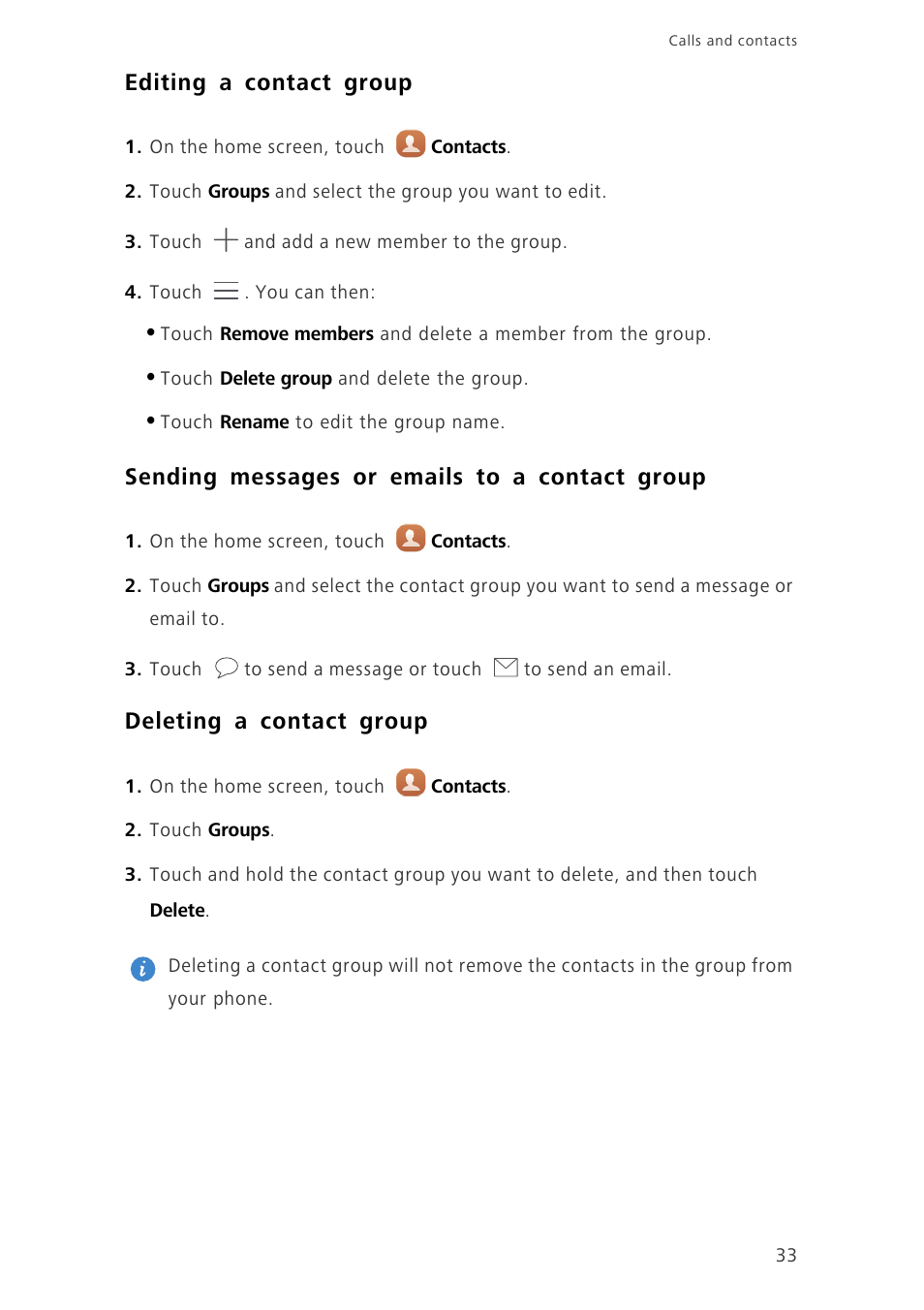 Editing a contact group, Sending messages or emails to a contact group, Deleting a contact group | Huawei Ascend G7-L01 User Guide User Manual | Page 37 / 84