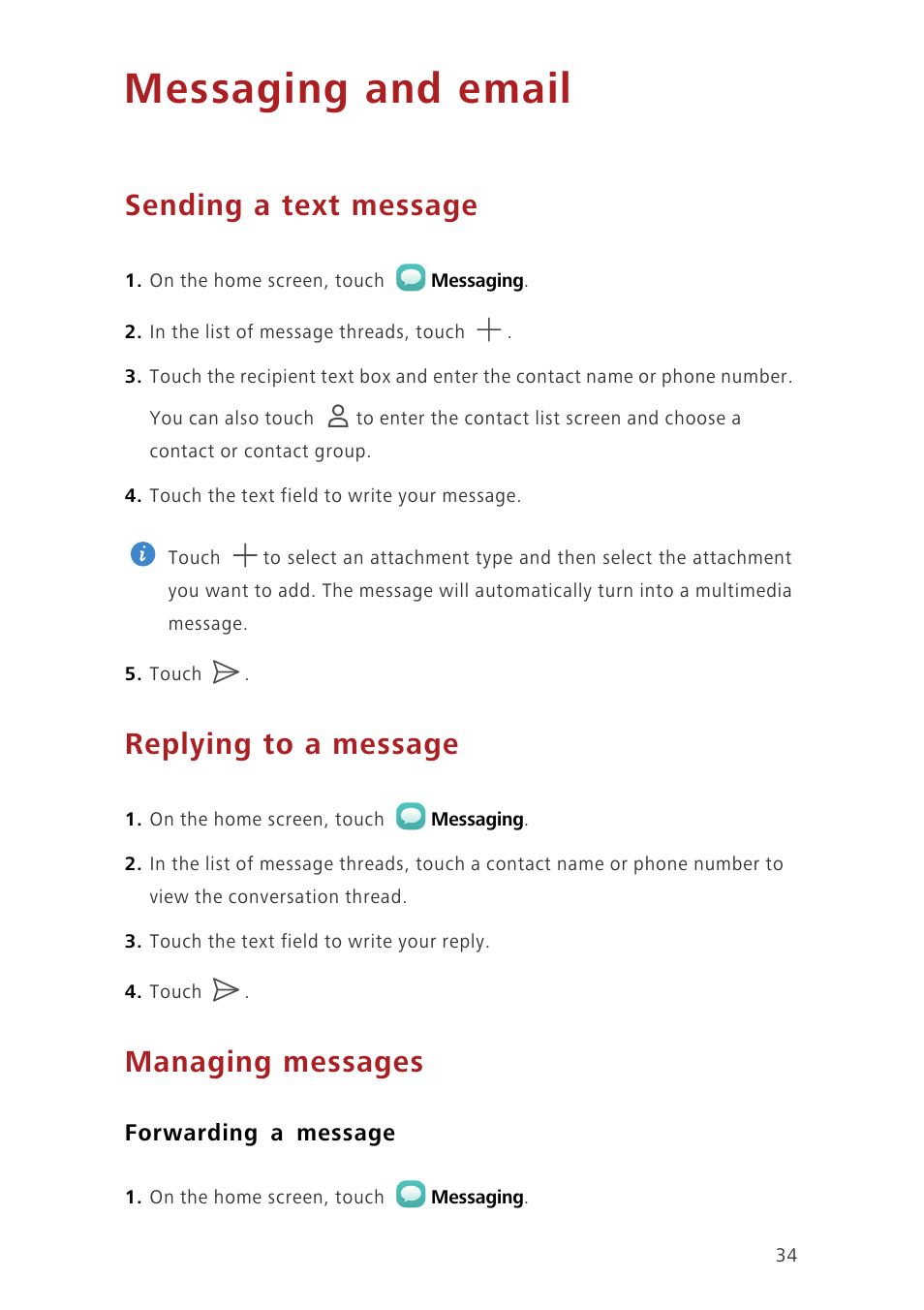 Messaging and email, Sending a text message, Replying to a message | Managing messages, Forwarding a message | Huawei Ascend G7-L01 User Guide User Manual | Page 38 / 84