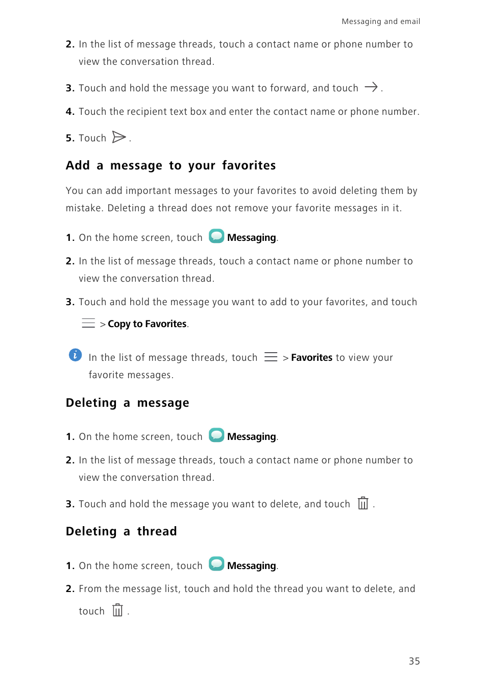 Add a message to your favorites, Deleting a message, Deleting a thread | Huawei Ascend G7-L01 User Guide User Manual | Page 39 / 84