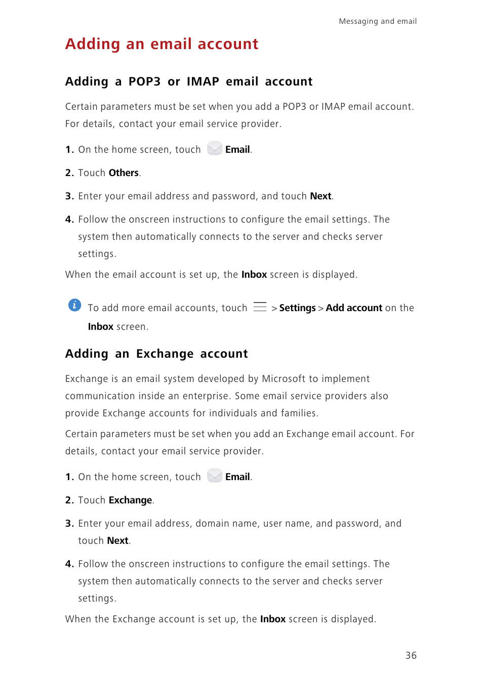 Adding an email account, Adding a pop3 or imap email account, Adding an exchange account | Huawei Ascend G7-L01 User Guide User Manual | Page 40 / 84