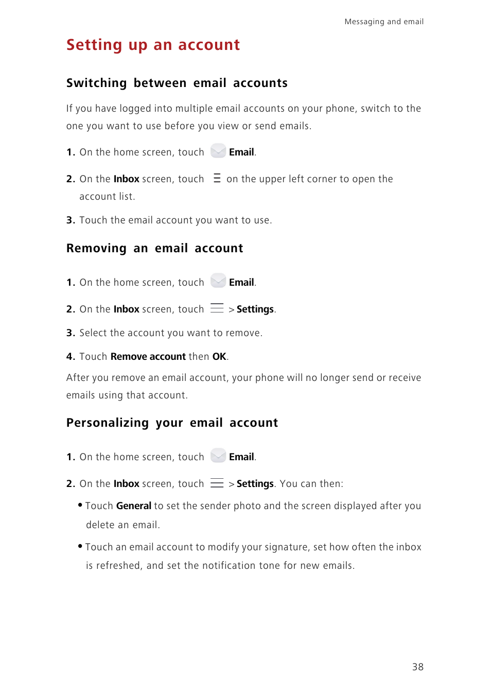 Setting up an account, Switching between email accounts, Removing an email account | Personalizing your email account | Huawei Ascend G7-L01 User Guide User Manual | Page 42 / 84