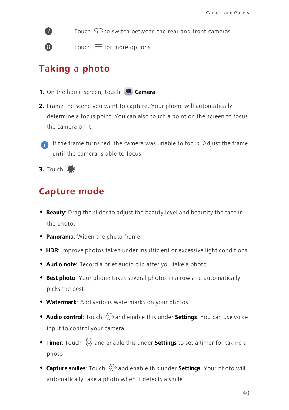 Taking a photo, Capture mode | Huawei Ascend G7-L01 User Guide User Manual | Page 44 / 84