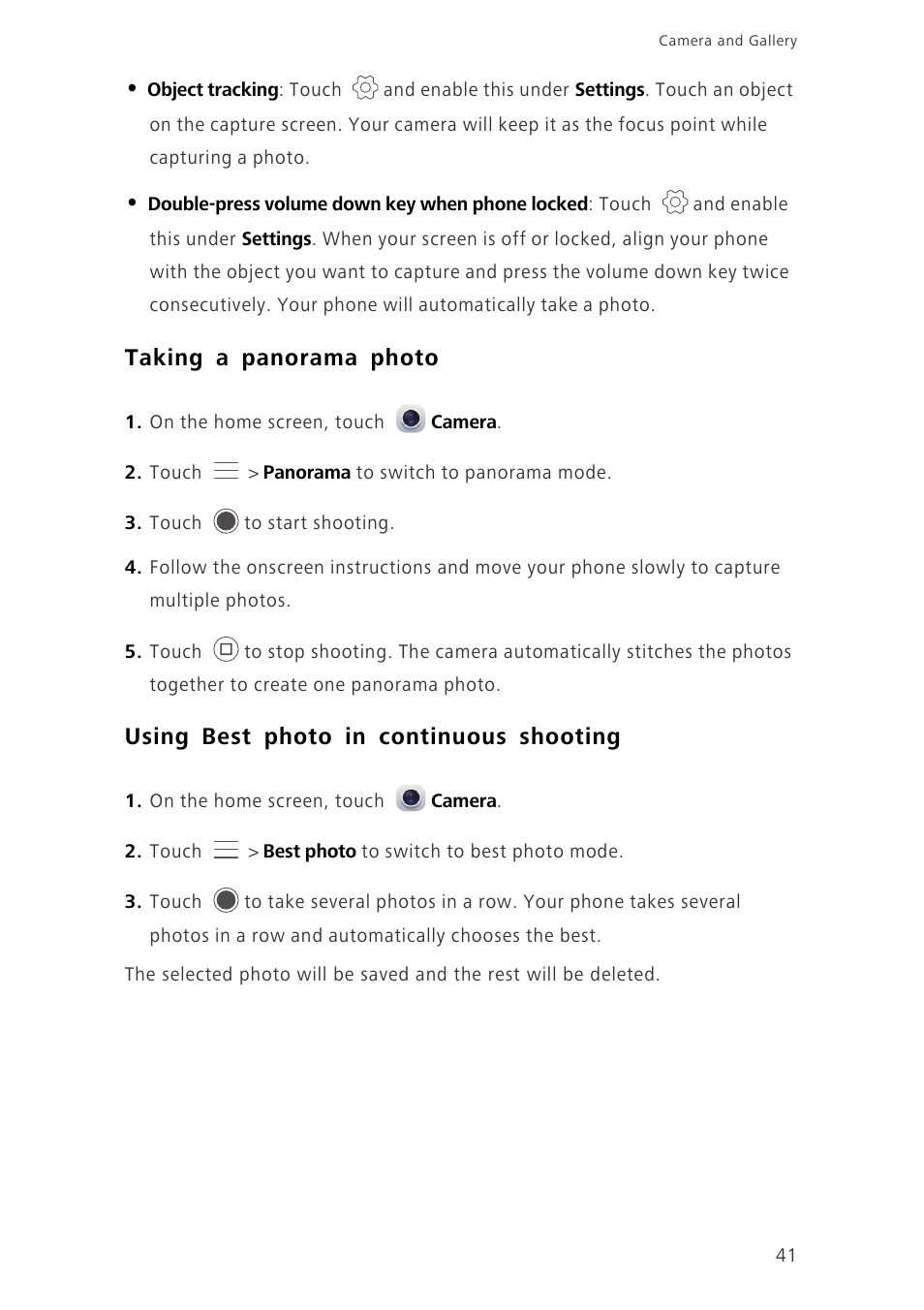 Taking a panorama photo, Using best photo in continuous shooting | Huawei Ascend G7-L01 User Guide User Manual | Page 45 / 84