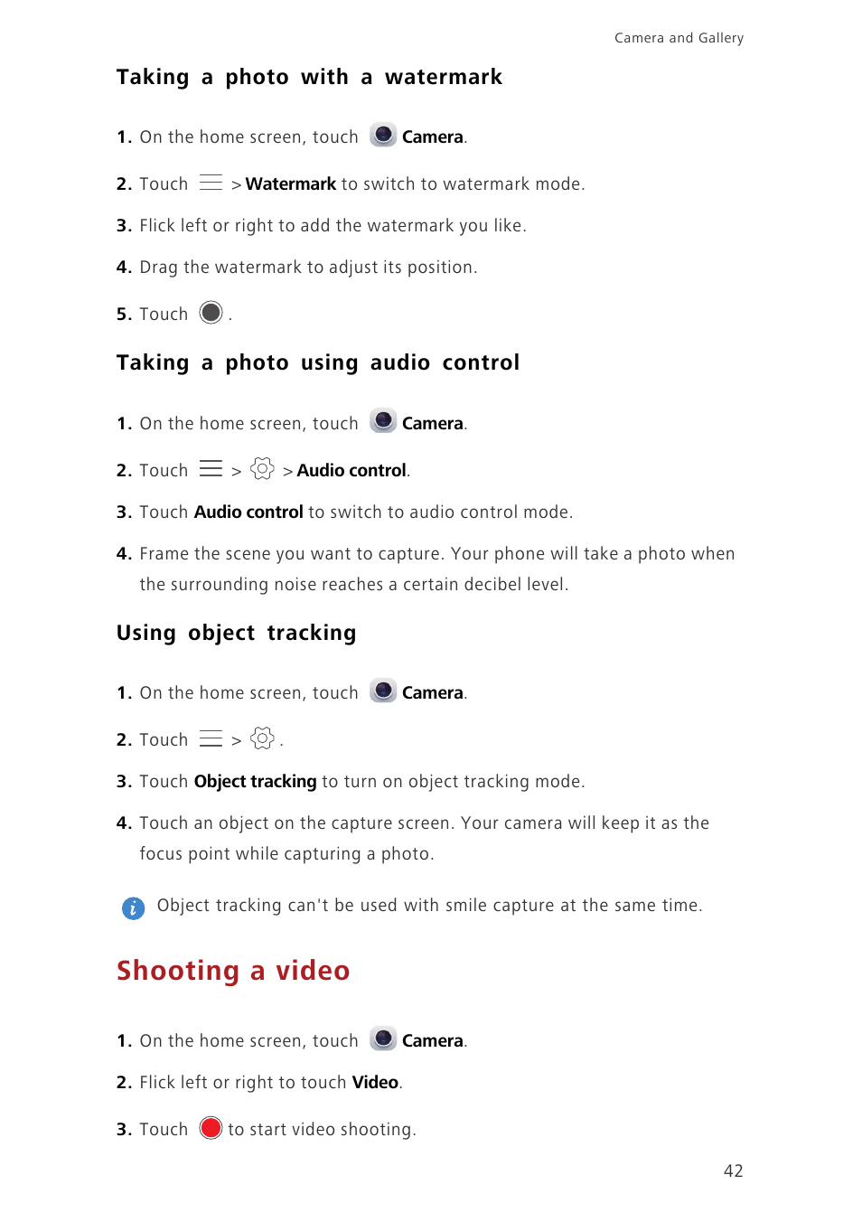 Taking a photo with a watermark, Taking a photo using audio control, Using object tracking | Shooting a video | Huawei Ascend G7-L01 User Guide User Manual | Page 46 / 84