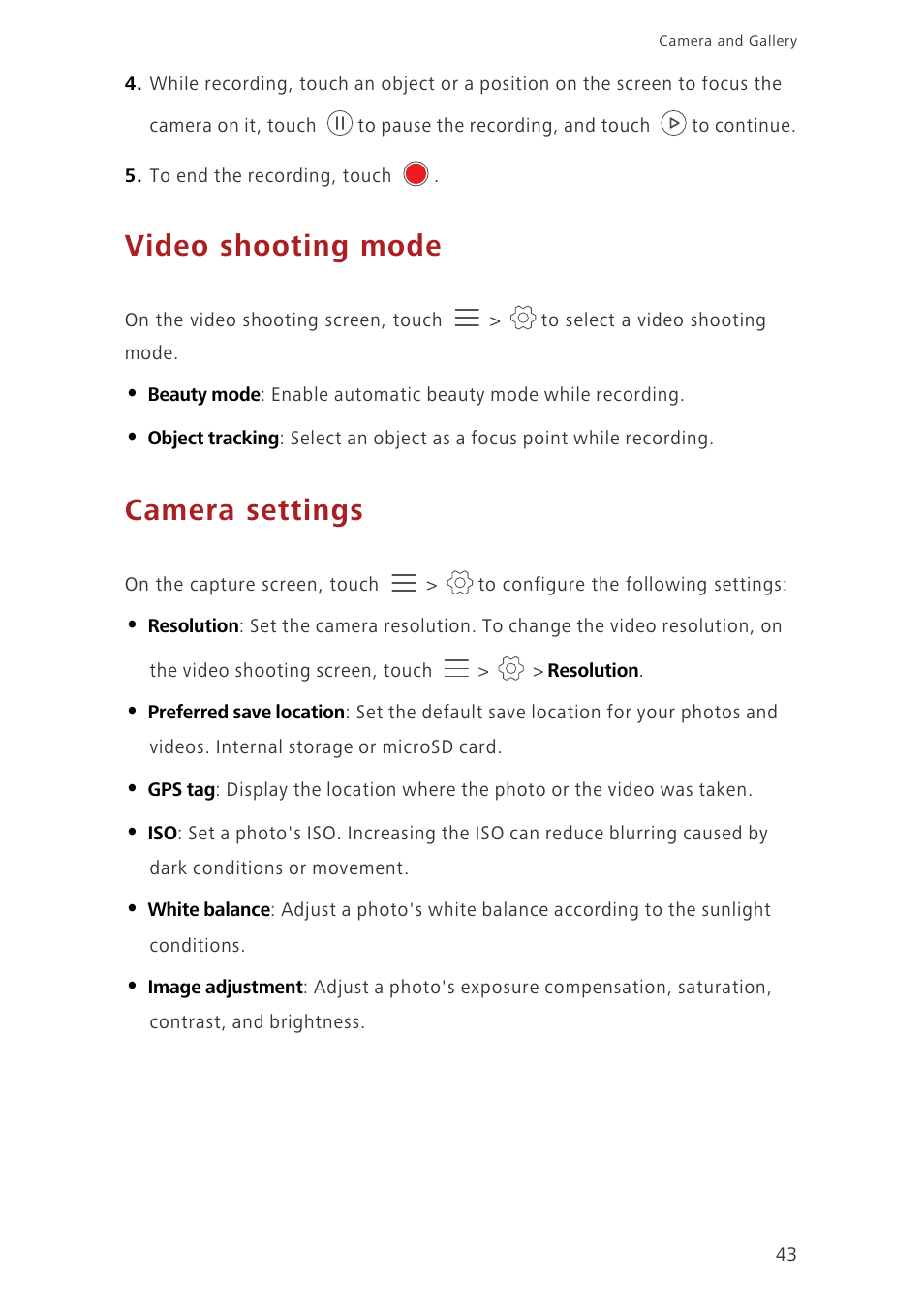 Video shooting mode, Camera settings | Huawei Ascend G7-L01 User Guide User Manual | Page 47 / 84