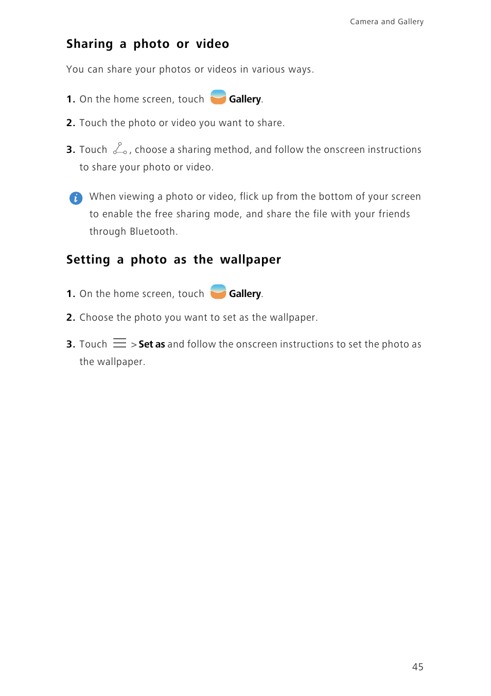 Sharing a photo or video, Setting a photo as the wallpaper | Huawei Ascend G7-L01 User Guide User Manual | Page 49 / 84